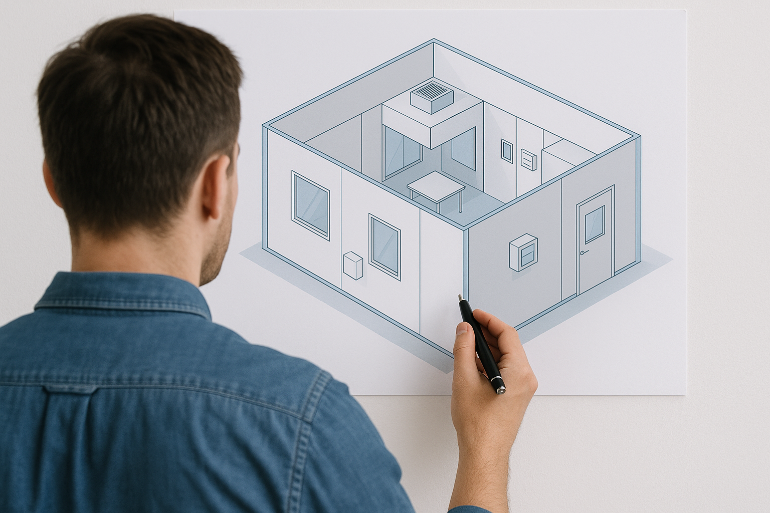 Make a picture from behind a guy who is planning an clean room Dont put any text in the picture Use a 3d model of clean room Dont make large file size