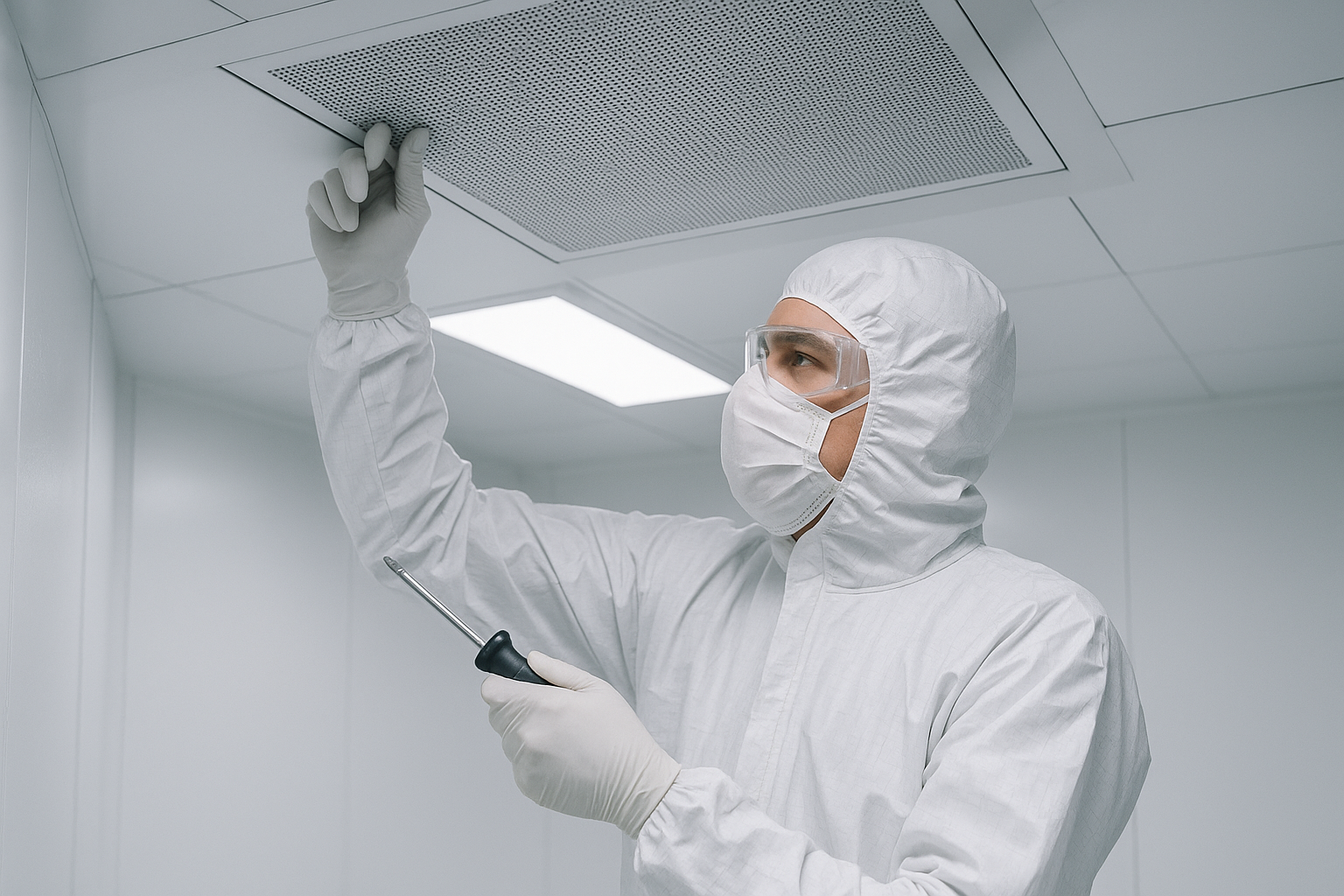 Make a picture of a guy who is making clean room maintenance